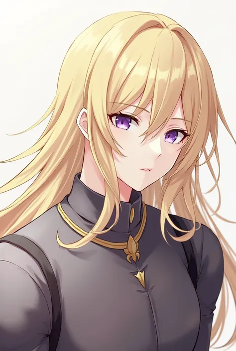 An anime servant with slightly long blonde hair,just a little,violet eyes,wide shoulders 