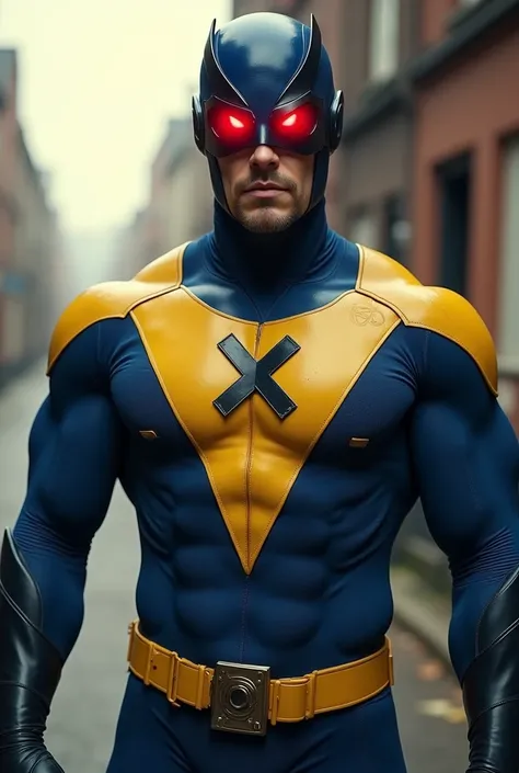 a mutant superhero with optic red visor beams, muscular male body, wearing blue and yellow costume, red visor,X logo on body. serious expression, outdoor setting, dramatic lighting, photorealistic, highly detailed, cinematic, 8k