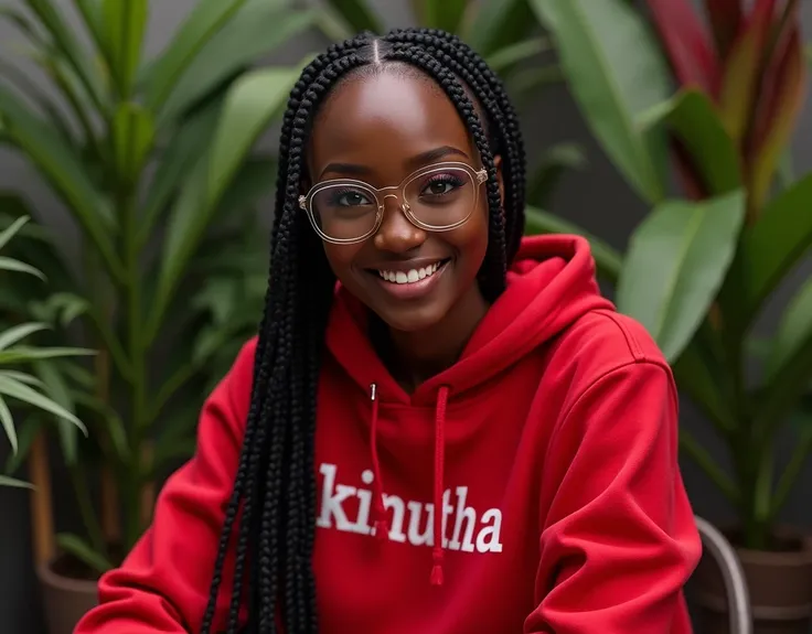 (photorealism:1.2), beautiful black African woman,22 years,sharp boobs, smiling wearing a fitting red hoodie written "Kinuthia",long braids, black  oversized photo chromatic glasses, sitting on a photo studio stool, plants in background cardi B inspiration...