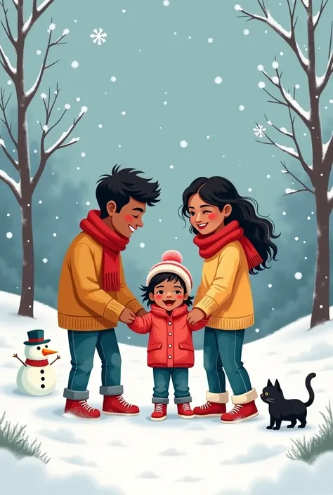 Cartoon of indian Mom dad and little baby girl playing in snow, in Christmas time, with a black cat by the side. Make the skin tone dusky, and wear cozy clothing 