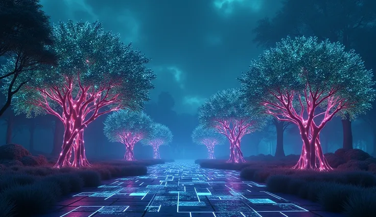 A futuristic digital forest at dusk, where the trees are made of luminous circuits and glowing wires instead of wood. The leaves are shaped like musical notes, glowing softly in shades of neon blue, green, and purple. The ground is covered with holographic...