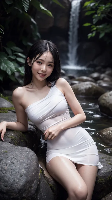 
Create a vivid color image dark night under heavy rain with a tranquil waterfall in a natural rock setting.In the foreground, a very wet beautiful Smiling thai woman white skin thin slender is depicted lying on a large rock near the base of the waterfall....