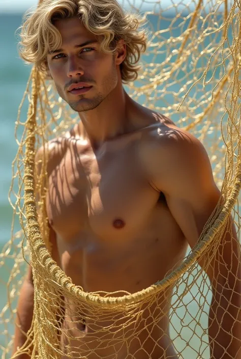 naked/fully naked handsome young man with blond hair in a gold fishing net