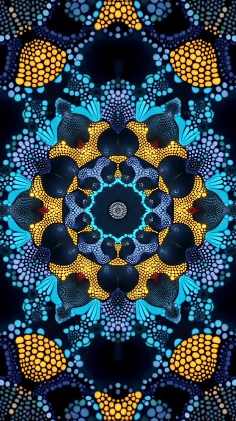 A surreal and disturbing kaleidoscopic pattern inspired by trypophobia, featuring multiple layers of small, closely-packed holes resembling those found in lotus pods. The holes are arranged symmetrically in intricate, repeating patterns, creating a mesmeri...