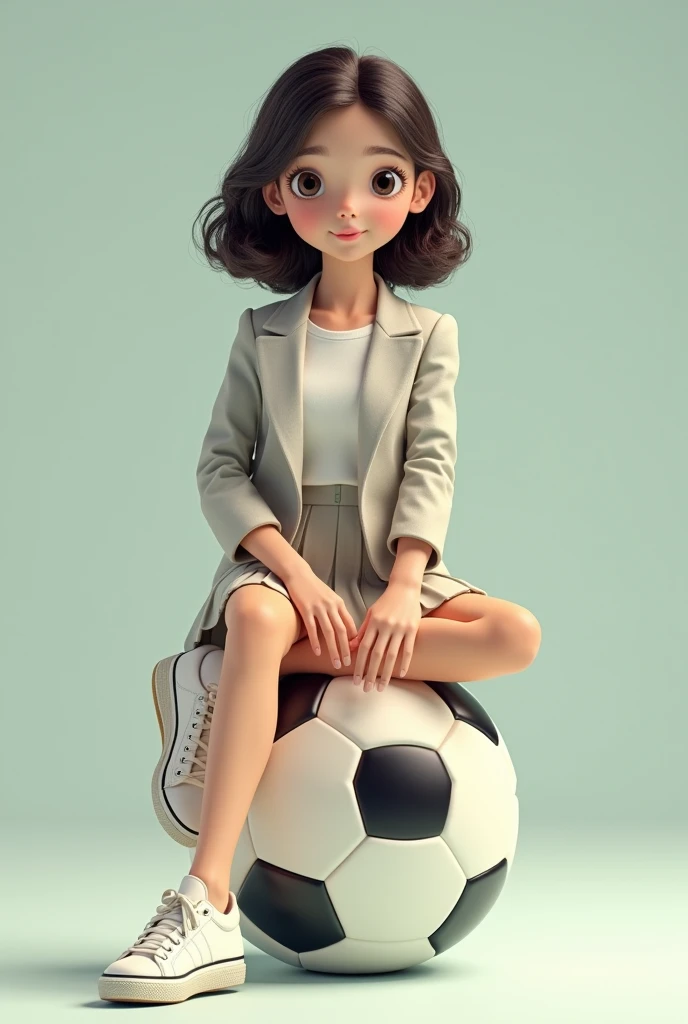 Girl in blazer skirt and sneakers sitting on a tiny soccer ball