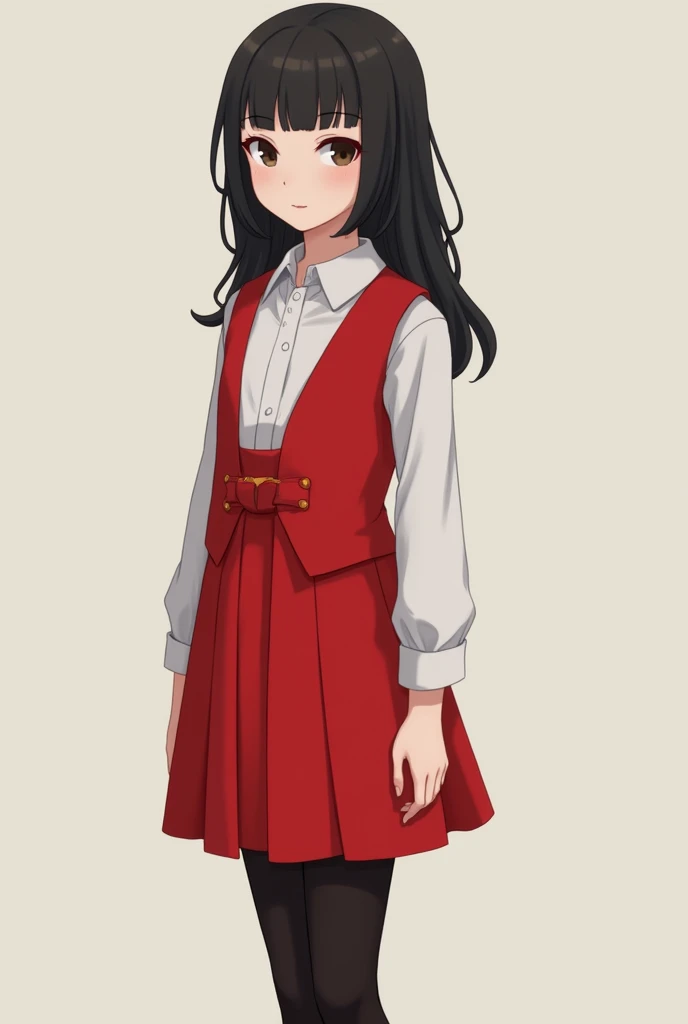 A girl  standing still, wearing a crimson waistcoat over a white shirt, wearing mini crimson skirt with white leggings.