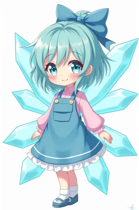 anime girl name Cirno, Cirno has aqua-colored eyes and hair. She wears a blue ribbon, light pink blouse, blue jumper dress and seems to be wearing white socks. She also has icicle-shaped wings.