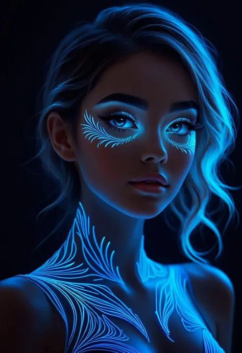 1silhouette girl, glowing in the dark,glowing bodyline,  glowing faceline, glowing eye shadows and eyelash, intricate detailed, ...