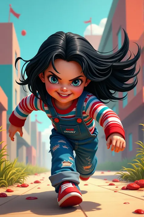 drawing of a black haired girl escaping from angry chucky roblox style 