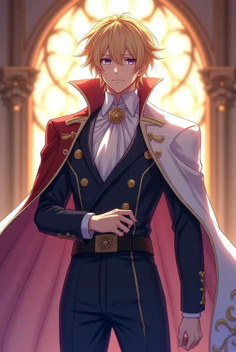 An anime servant man with blonde hair,violet eyes,broad shoulders and pure heart