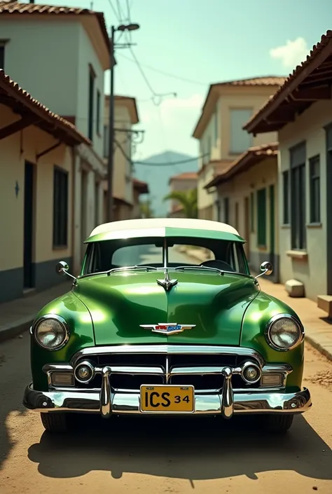 Metallic green Chevette car paint job with Chevrolet logo, ICS license plate, 1954, parked on a street with old and humble houses in northeastern Brazil