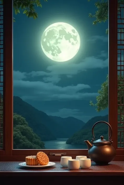 Full Moon Mid-Autumn Night，The moonlight outside the window。A bright moon hangs high in the sky，Bright as jade,The light flows。On the plate on the table are two golden、Fragrant mooncakes,Three or two white jade ceramic cups next to the cast iron kettle.Exu...