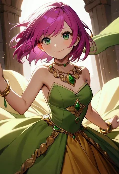 20 years old girl, fuchsia hair, short hair, green eyes, sly smile, sly eyes, princess dress, wear gold bracelet