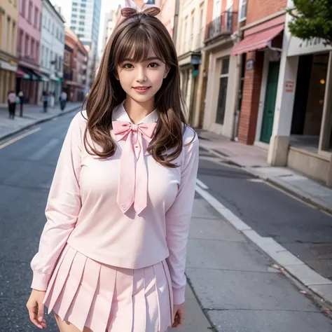 laughing out loud，Wearing a pink student sailor uniform, The sailor suit is a white base with a pink bow tie and a pink collar.，Pink pleated skirt，(knee shot), 1 girl, On the face, light brown hair, blunt bangs, hair behind ears, Hair over the shoulders, l...