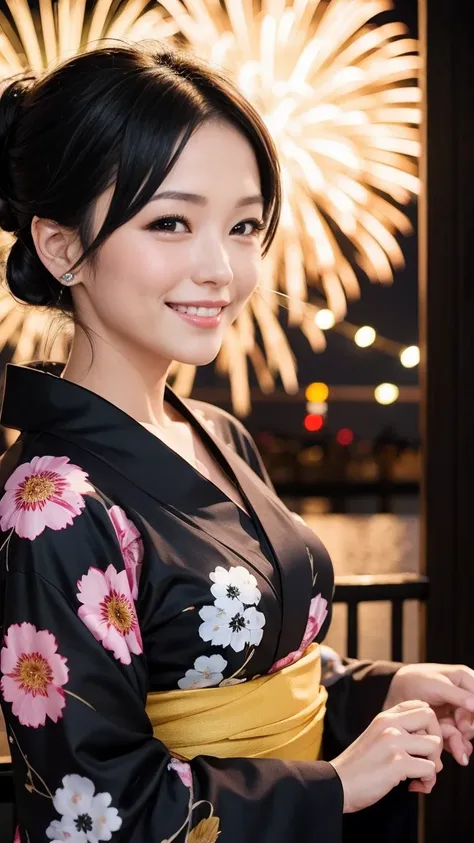 yukata　night　Fireworks　Smiling Mature Woman　Black hair chignon