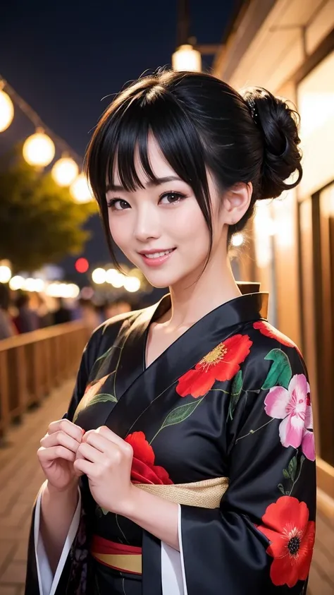 yukata　night　Fireworks　Smiling Mature Woman　Black hair chignon