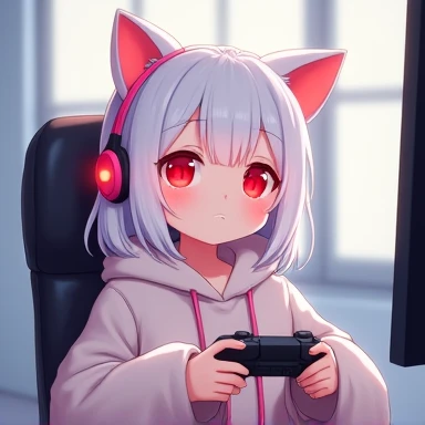 Video Call Profile Photo. Cute cat-eared girl with pink headphones and big hoodie sitting in computer chair。.Have a game controller. White Hair. Sit upright. We are sitting opposite her. Only her upper body is visible, As if you were broadcasting a video. ...