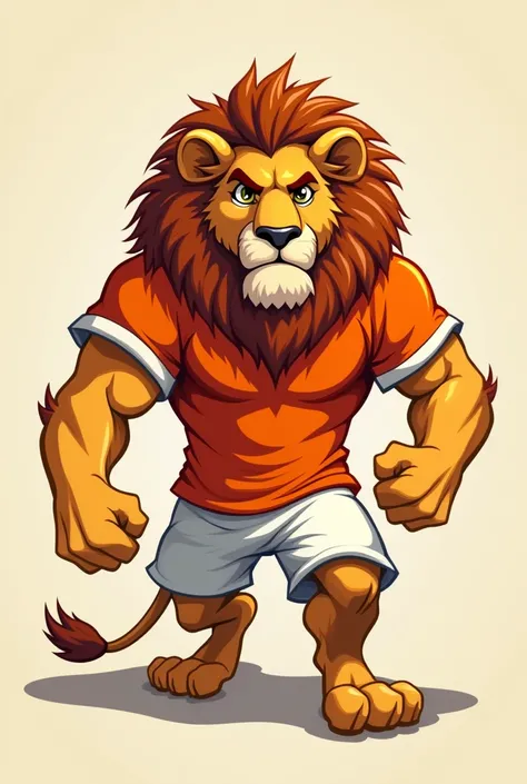 Create me an extremely strong and brave lion with the Dutch shirt completely orange in cartoon