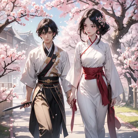 beautiful woman black-haired male general holding a large sword in white  hanfu dress, walking In the middle of a cherry blossom storm, cherry blossoms are falling from the trees, Behind them are cherry trees that are in full bloom.