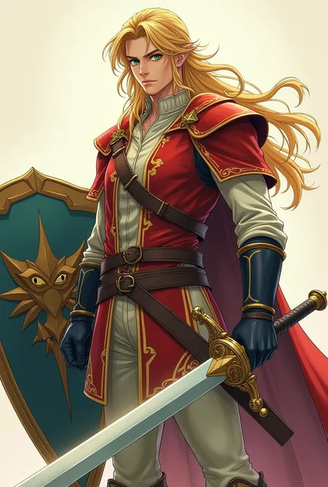 Anime boy with long blonde hair and green eyes holding a sword, handsome guy, Outfit similar to Link Legend of Zelda only with more armor and red and white color, holding a battle shield in his left hand with some cat details, Long sword at his waist in th...