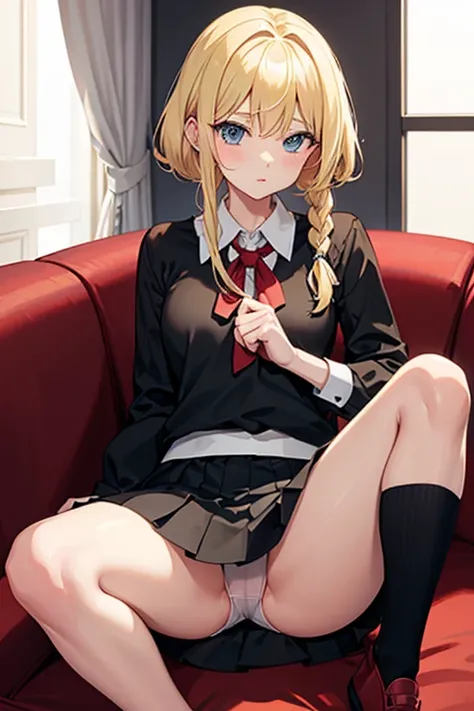 blond anime little sister with sexy clothes stay on knees in skirt