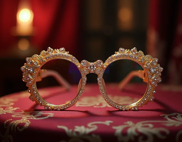 Opulent Extravagance: Luxurious eyeglass designs, opulent materials, intricate details, rich colors, regal ambiance