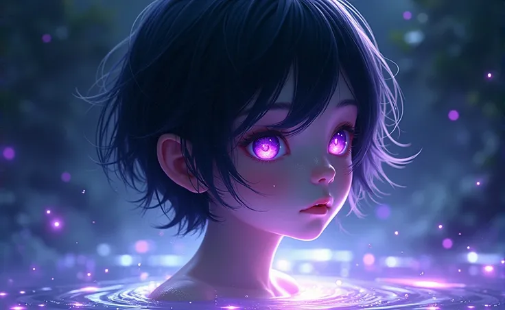 The image shows a younger boy with delicate, androgynous features. The person has pale and smooth skin watching at us, with a serene and dreamy expression. His eyes are an intense and bright purple, with a look that seems lost in deep thoughts. The boy hai...