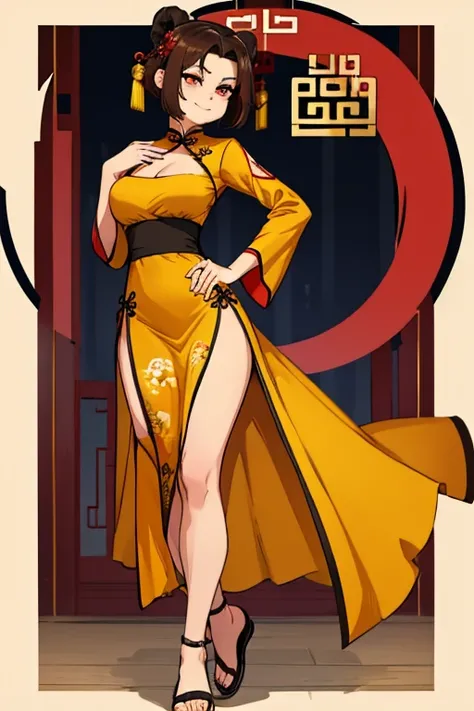 female, brown short messy hair, red eyes, brown monkey ears, brown monkey tail, (((1girl))), (((yellow Chinese dress))), (black sash), (black Chinese slippers), cute and sexy, full body, large breasts, long legs, smirking, cleavage