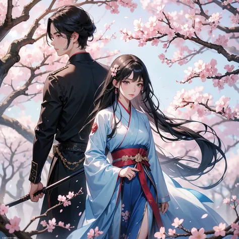 beautiful woman black-haired male general holding a large sword in blue hanfu dress, walking In the middle of a cherry blossom storm, cherry blossoms are falling from the trees, Behind them are cherry trees that are in full bloom.