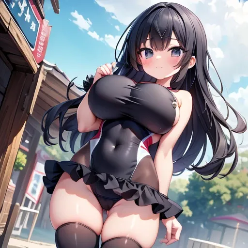 Highest quality,wonderful,finely,Highly detailed CG Unity 8k wallpaper, (1 person, Black Hair, Double Bang, Dressed),(Huge breasts:1.1),(Slingshot swimwear:1.3), (zettai ryouiki:1.4), (breast focus:1.3)