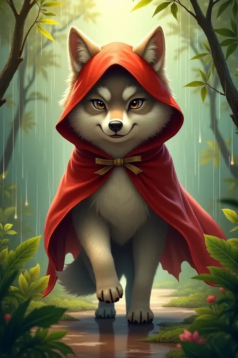 full-body illustration, (1wolf:1.4), (cute:1.2), big size, fluffy fur, wearing a red cape covering head, (big eyes with a sly expression:1.2), walking in the rain:1.2, (jungle background:1.2), (sunlight filtering through trees), (soft lighting:1.3), (warm ...