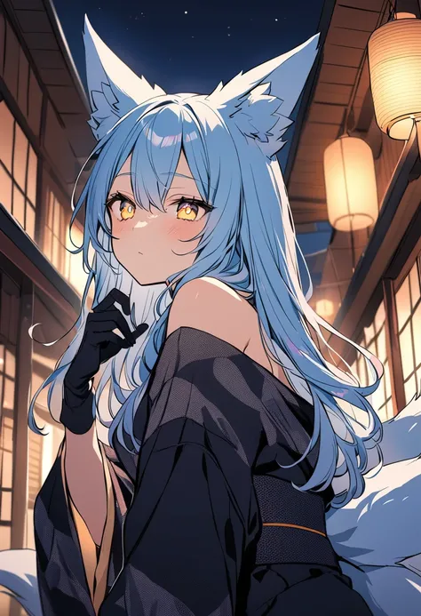 Long Hair, Light Blue Hair, Yellow Eyes, Heart pupils, bare shoulder, Fox Ears, 9 Tails, Big , Wearing Yukata, Nighttime, Wearing Black Gloves, Inside a house