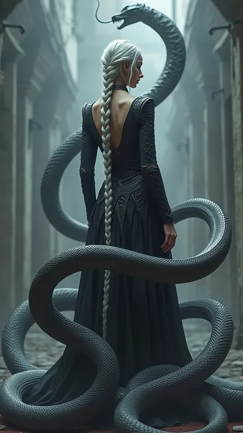 The Serpent Empress stands with her back to the viewer, head turned slightly to the side, revealing a glimpse of her piercing red eyes. Her long, silver braid hangs down her back, contrasting with her dark, intricately designed outfit. The serpents encircl...