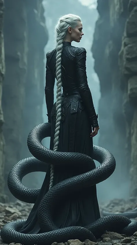 The Serpent Empress stands with her back to the viewer, head turned slightly to the side, revealing a glimpse of her piercing red eyes. Her long, silver braid hangs down her back, contrasting with her dark, intricately designed outfit. The serpents encircl...