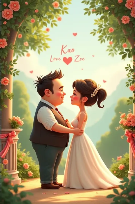 Make a picture of a short, fat man and a short, beautiful woman getting married with a romantic background with the words written above kao love zee