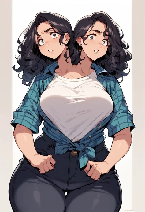 2heads, a thick woman with two heads. She is in a call center with cubicles. She is wearing an unbuttoned plaid flannel shirt, T-shirt underneath, and black pants. She has messy long curly dark hair. She has baggy eyes. Tall, amazoness appearance. She has ...