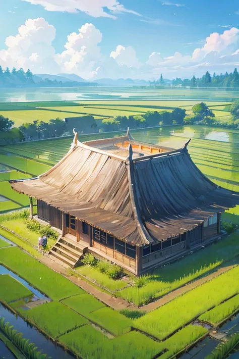 a hut in the middle of the rice fields, HD, the hut is open, the roof is wooden, the roof is in the shape of a square pyramid, inside the hut there is a computer covered in glass, There are happy children running on the side of the hut, there are trees and...