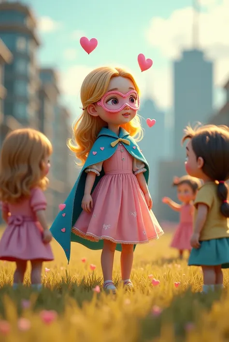 Create an image of a story where you can see a girl with blonde hair, pink dress, putting on her blue cape with white hearts and her pink hearts mask, She was talking to some children in an urban field