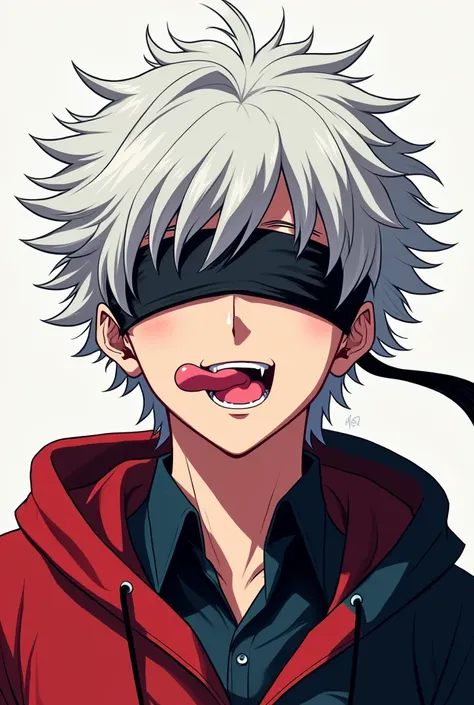 Male anime character with white hair and blindfolded eyes with tongue out.