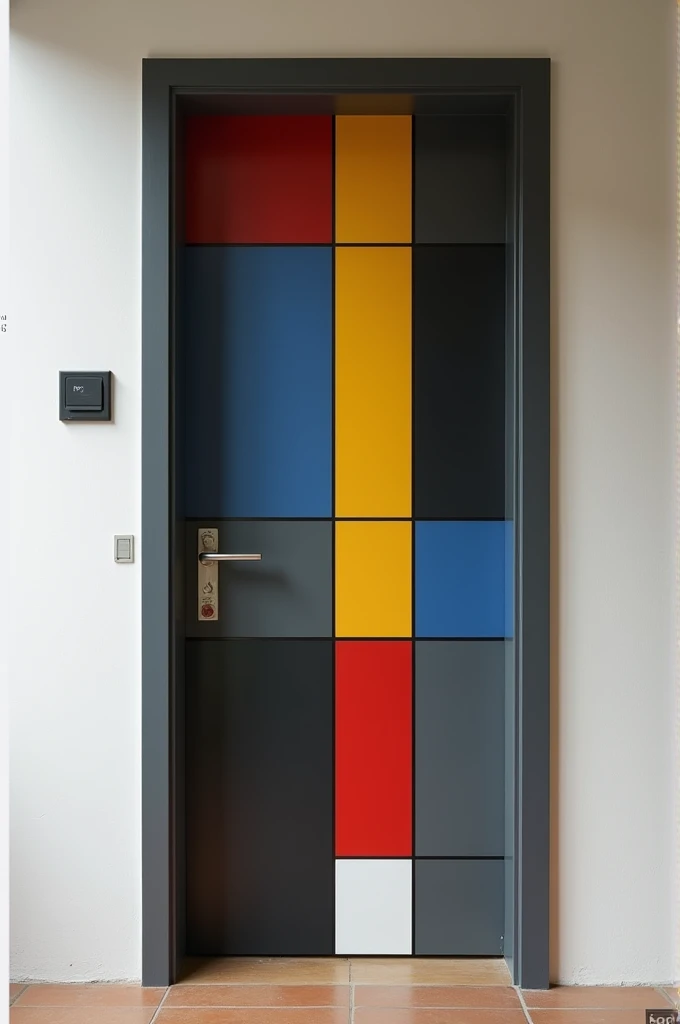 Door smooth, with horizontal interlock dividing it into 3 equal dark gray parts of 1,90 m high by 0,8 wide. Subdivide into colored rectangles and squares, like Piet Mondrian&#39;s composition A. More geometric shapes. Mix the colors