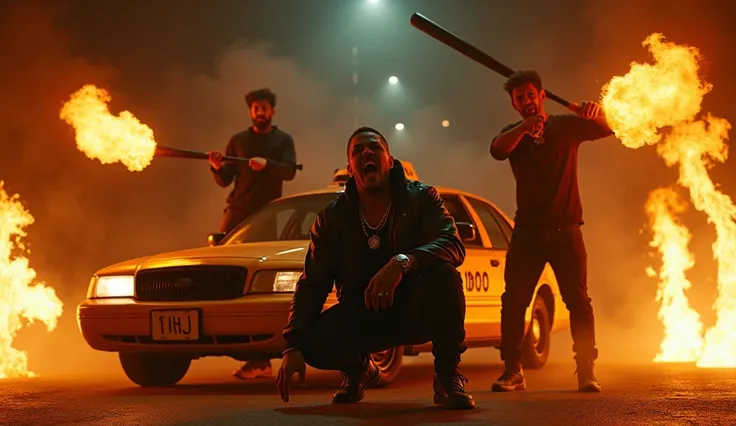 Create a thumbnail for the music video street kings holding baseball bat on top of taxi another second fire torches, one of them two breathing fire from their mouths, a main one singing crouched down, night ambience