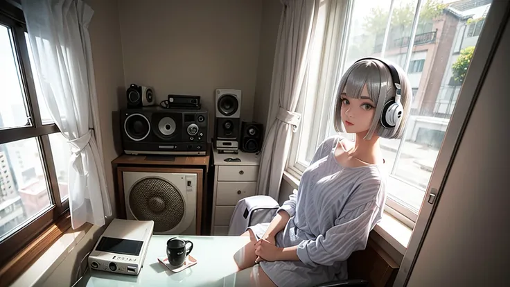 View out of window, beautiful woman on a rainy day, 20 year old foreign girl, listening to music on an old radio in her room, hair color is silver and white, straight bob, fashionable clothes.