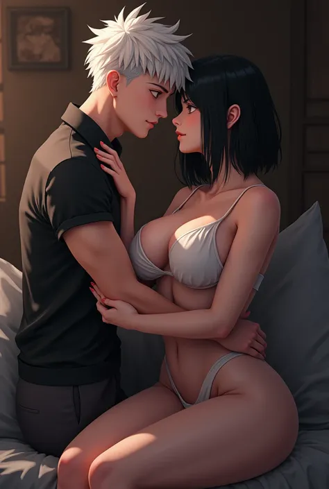 (photorealism:1.2) gojo short white hair and hinata black hair big breasts byakugan having sex
