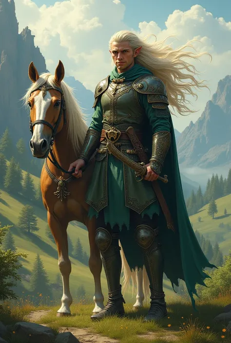 Create an elf archer with magic skills. He has a sword in his hand and is accompanied by a horse.. In the medieval world 