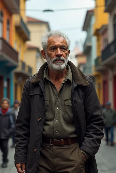 An older Paz Soldán, Walking down a street in Lima, with a serene and thoughtful countenance.