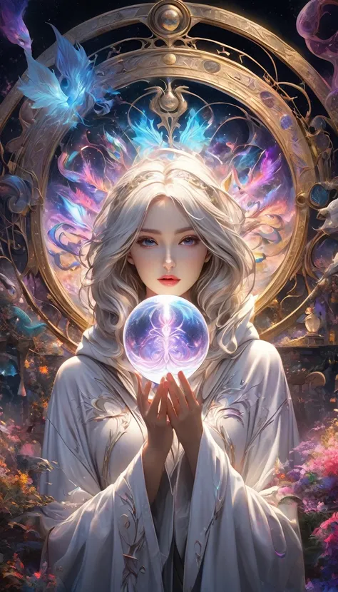 ((Correct Anatomy) )The runes of the mysterious rune magic circle emit a mysterious light.，Attractive and interesting. Beautiful astrologer with long flowing white hair. Beautiful astrologer in a white shiny hoodie holding a glowing crystal ball.(Inside th...