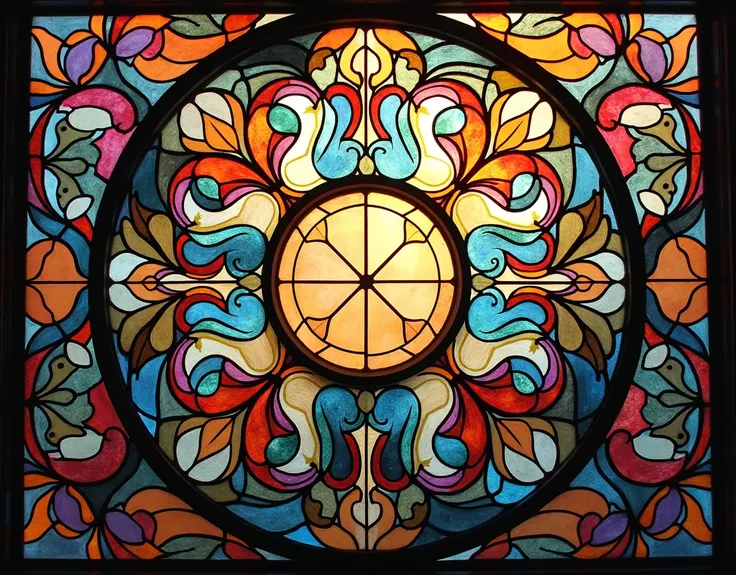 Stained Glass Sensation: Vibrant, intricate stained glass patterns, rich colors, flowing lines, vintage aesthetic