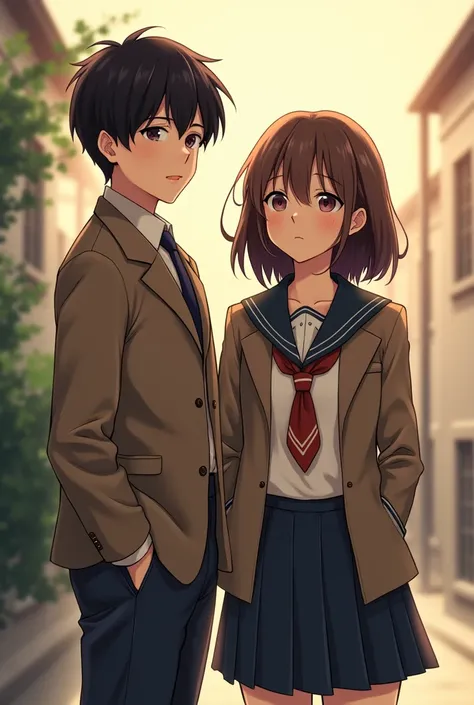 Portrait of highschool in uniform girl and boy a cover for book