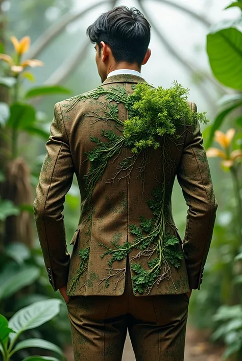 A brown and green men&#39;s suit, with patterns reminiscent of roots and plants. The suit includes a belt with seeds that he can activate to instantly grow plants..