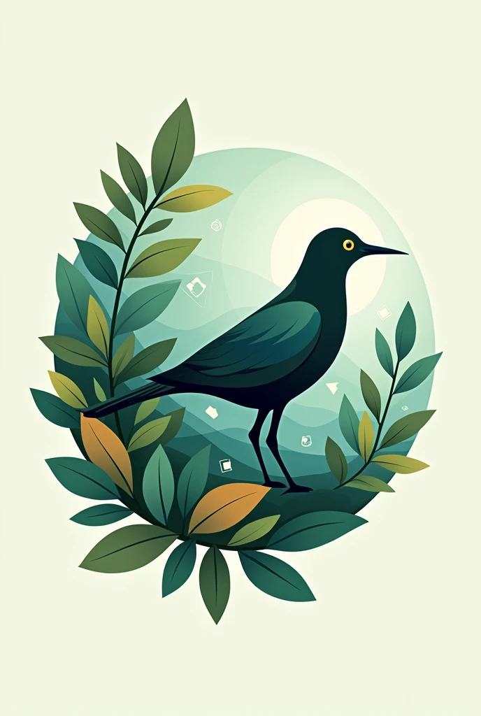 Logo of a migratory bird from Central America, forget, technological,  leaves , biodiversity and mobile applications, Green colors, blue and brown 